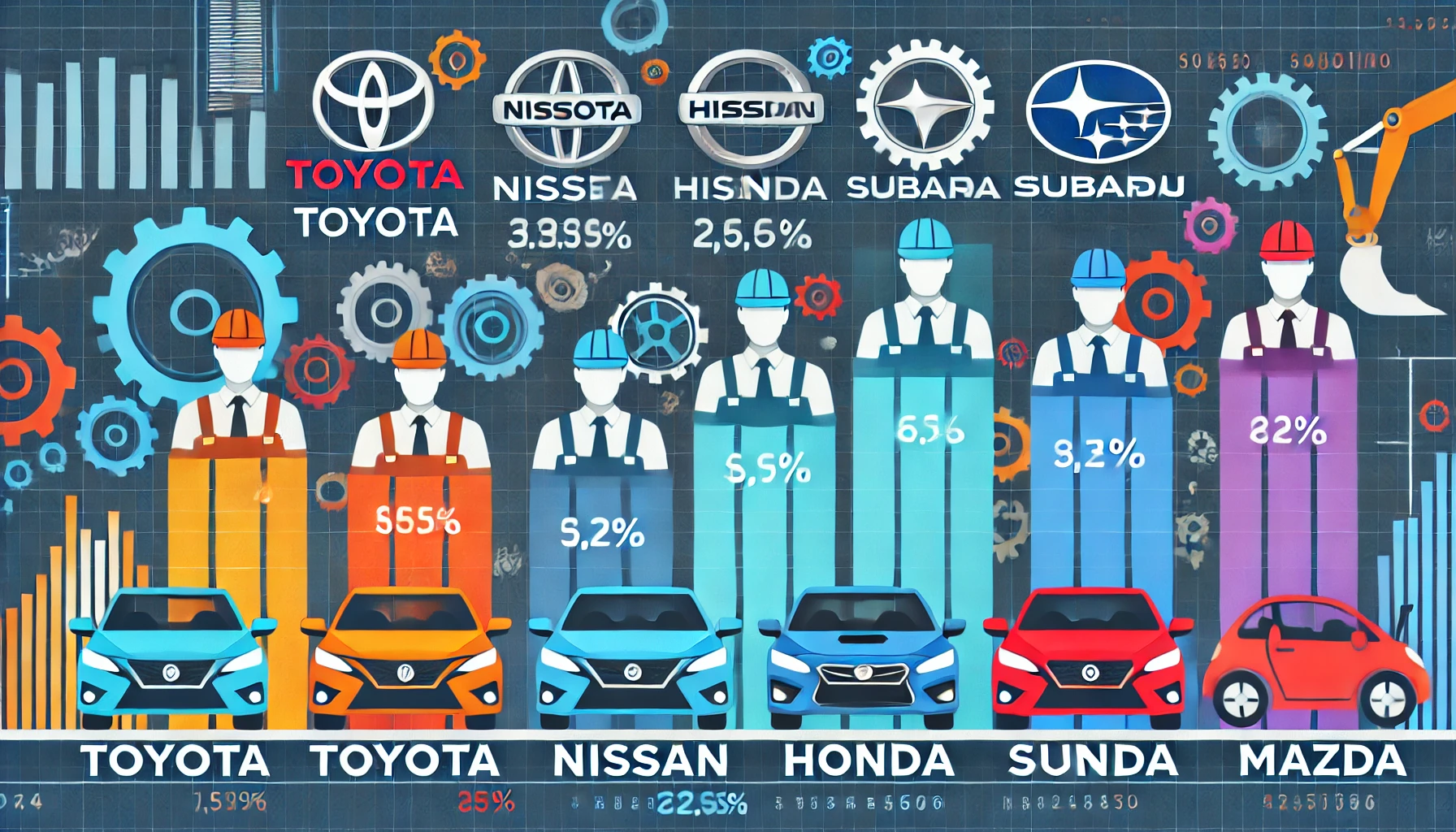 「トヨタ、日産、ホンダ、スバル、マツダの給与比較チャートと製造業の象徴」