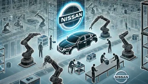 日産の工場でロボットと作業員が協力して車を製造している様子