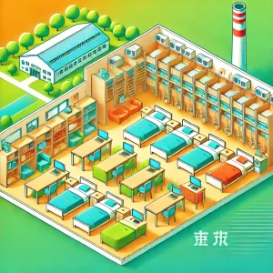 九州地方の期間工向け寮のイラスト。快適で整理された個室の設備が描かれ、外観は自然に囲まれた静かな環境を表現。