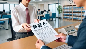 失業保険受給までの手続きに関連する画像です。申請書類をハローワーク職員に提出する場面を描いています。